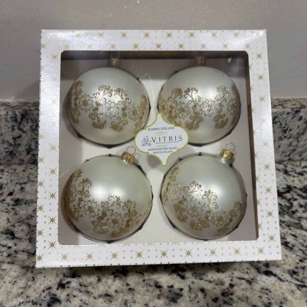 Bombki Szklane Poland Handcrafted Glass Ornaments - Set Of 4 In Box- Cream/Gold